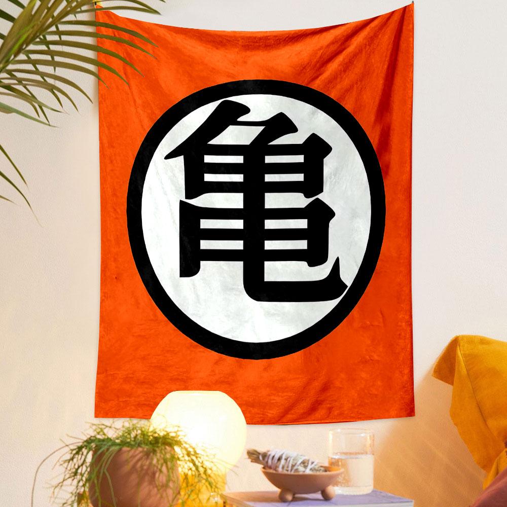 "Turtle Kanji Symbol on Orange Background" Patterned tapestry home decor, suitable for bedroom and living room, gift