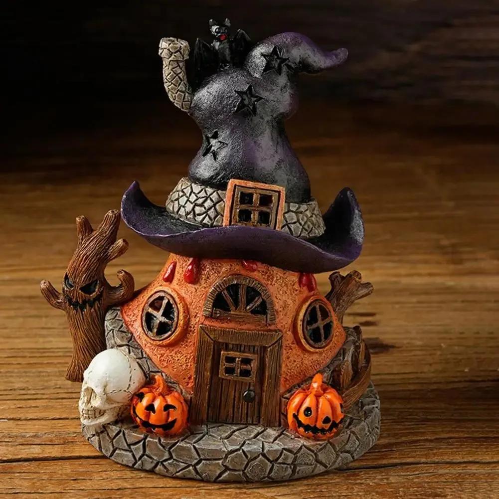 Halloween Magical House Resin Figurine Office Desktop House Sculpture Witch House Statue with LED Light Home Decoration