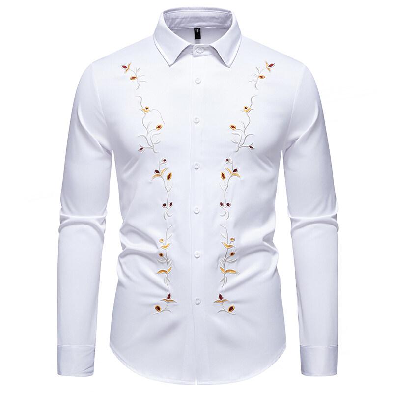 Spring Men's Flower Embroidery Long Sleeve Shirt Casual Exquisite Embroideried Solid Business Office Shirts Male Party Nightclub