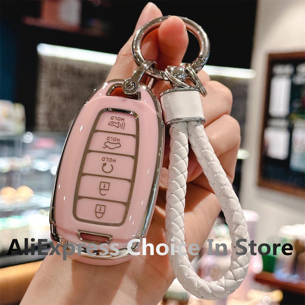Premium Soft TPU Key Fob Cover with Keychain for Hyundai Palisade 2023 Elantra GT Santa Fe 5 Buttons Car Accessories