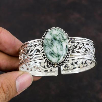 Tree Agate Gemstone Cuff Bracelet 925 Sterling Silver Bangle Adjustable Cuff Bracelet Handmade Bangle Unique Design Jewelry Wedding Gifts