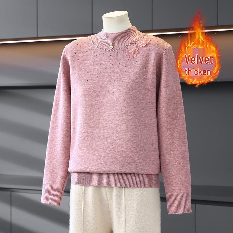 

Red Fleece Knit Sweater for Mid-aged & Elderly Women, Half-High Collar, Warm & Stylish for Autumn/Winter 3XL [135-145 lbs]