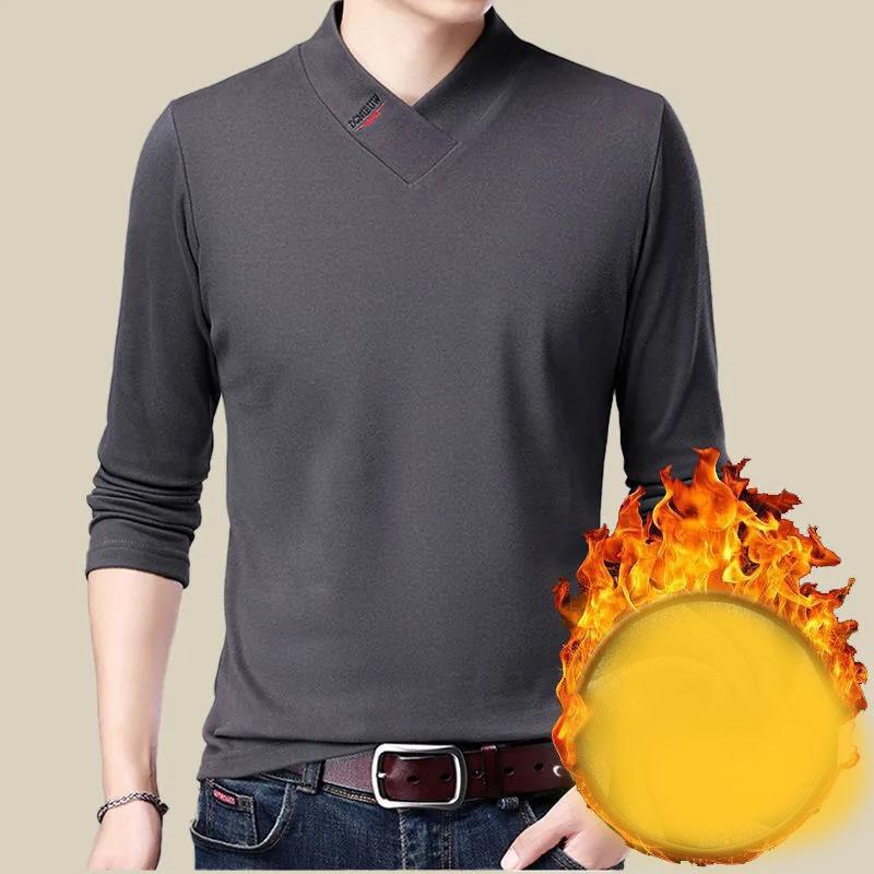Winter Men's Long-sleeved T-shirt Sweater Double-faced Fleece Solid Color Warm Bottoming Shirt Half High Collar