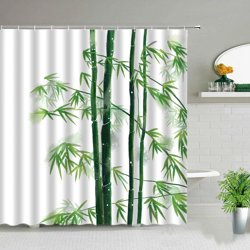 Bambusová Dekorace Sprchový Závěs Retro Design Rostlinný Potisk Pratelný Koupelnový Závěs Set Hnědá Opálená Béžová Koupelnové Doplňky S Háčkem