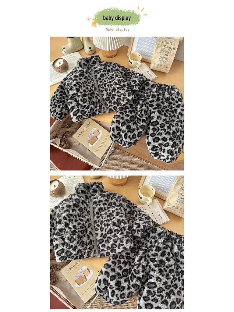 In Stock: Children's Leopard Print Flannel Home Suit, Winter 2025
