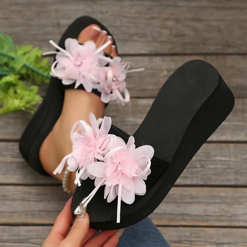 Fashion Fashion Flower Wedges High Heel Home Slippers Women Summer Thick Sole Pull On Shoes Ladies Beach Casual Flat Slippers Mujer