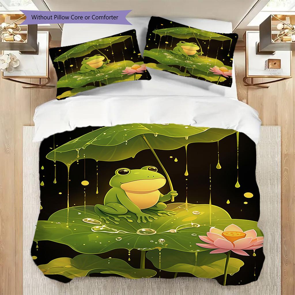 Frog Pattern Bedding Quilt Set Quilt Cover Pillowcase Home Decoration Birthday Gift (1 * Duvet Cover + 2 * Pillowcase, Without Core)