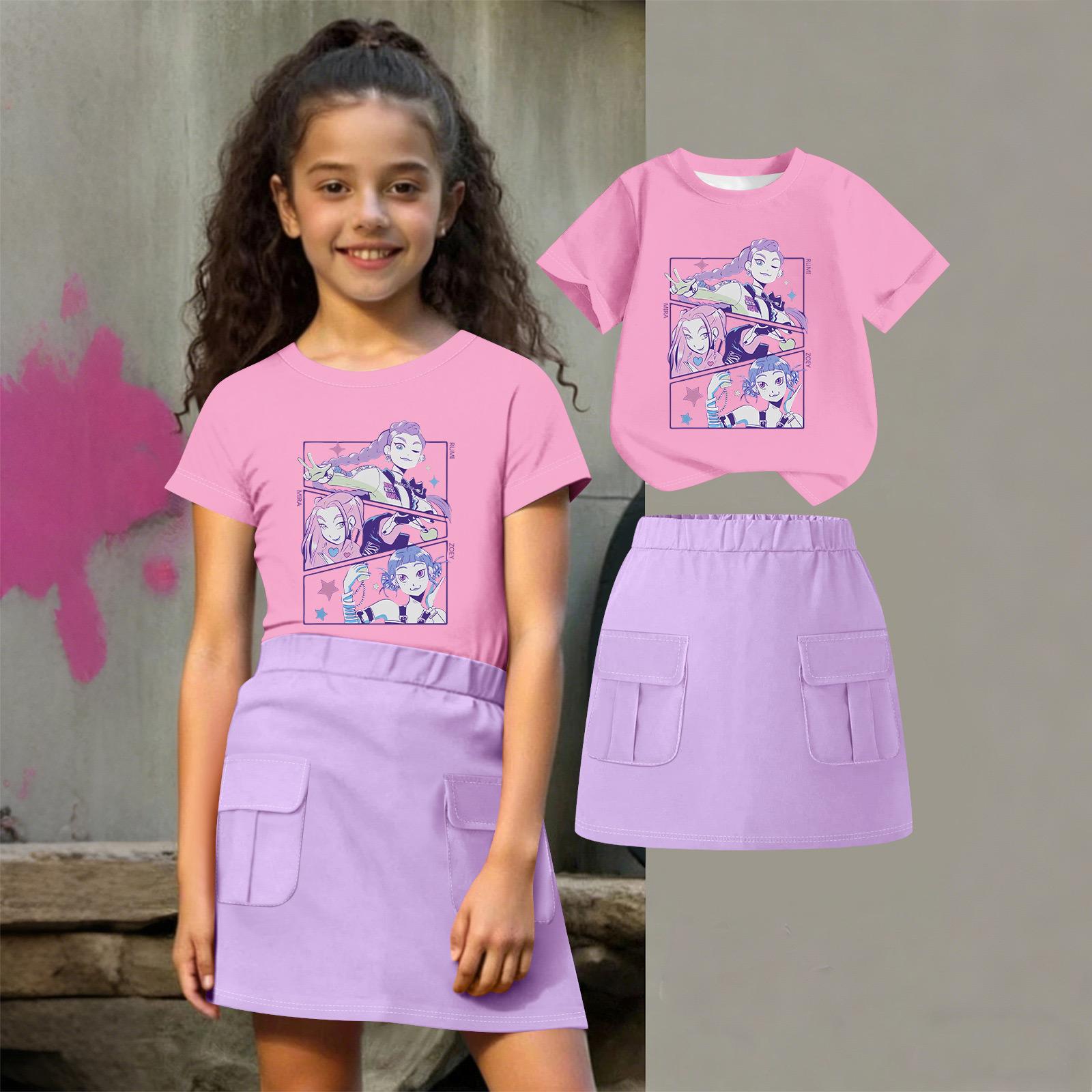 

Kids Summer Sport T-Shirt And Skirts 2 Piece Outfit Tracksuit Set Short Sleeve Print Crop Tops With Clothing Set 130 розовый