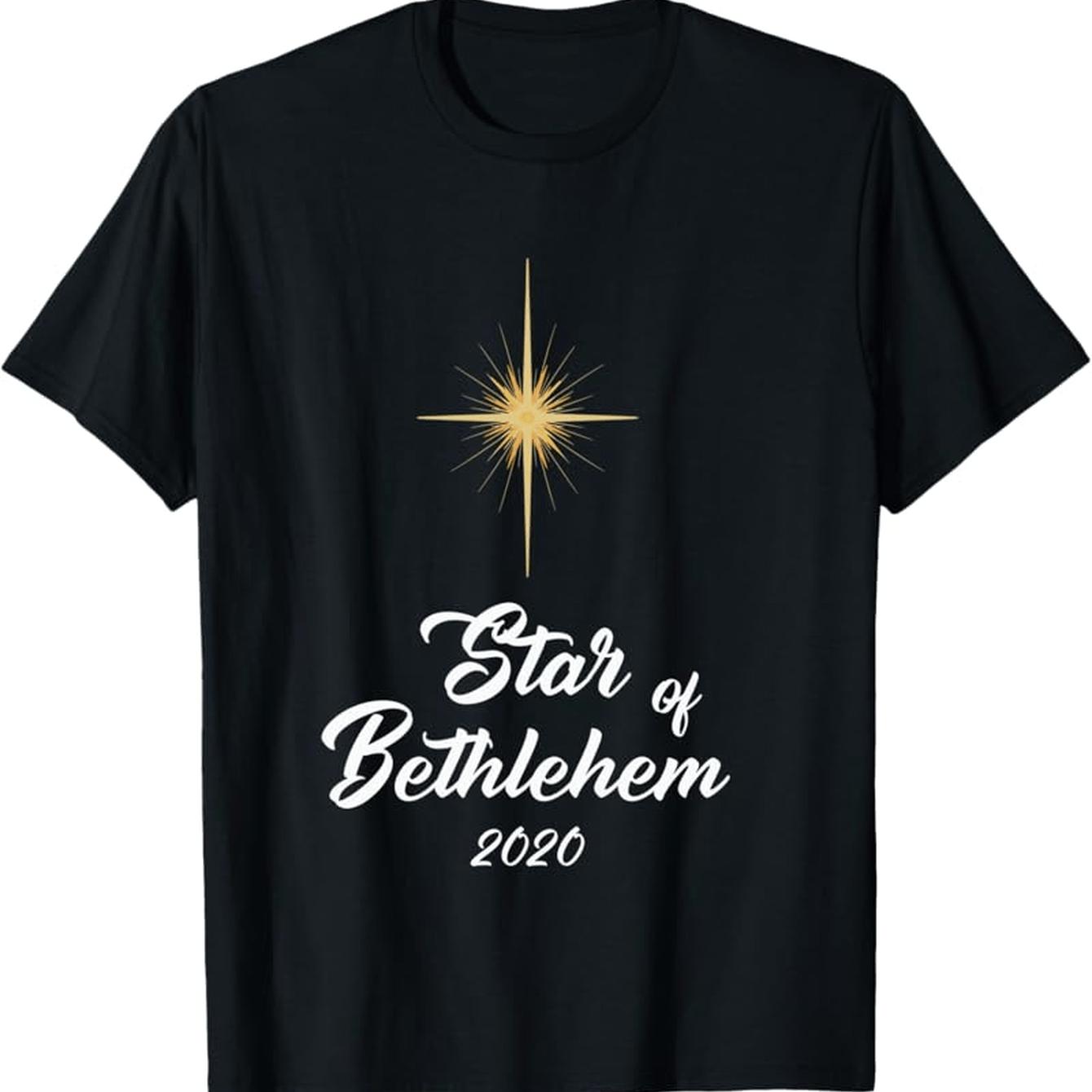 Star of Bethlehem  Jesus Birth Nativity Short Sleeve TShirt  Religious Christmas Apparel with Golden Star  Cursive Lettering S
