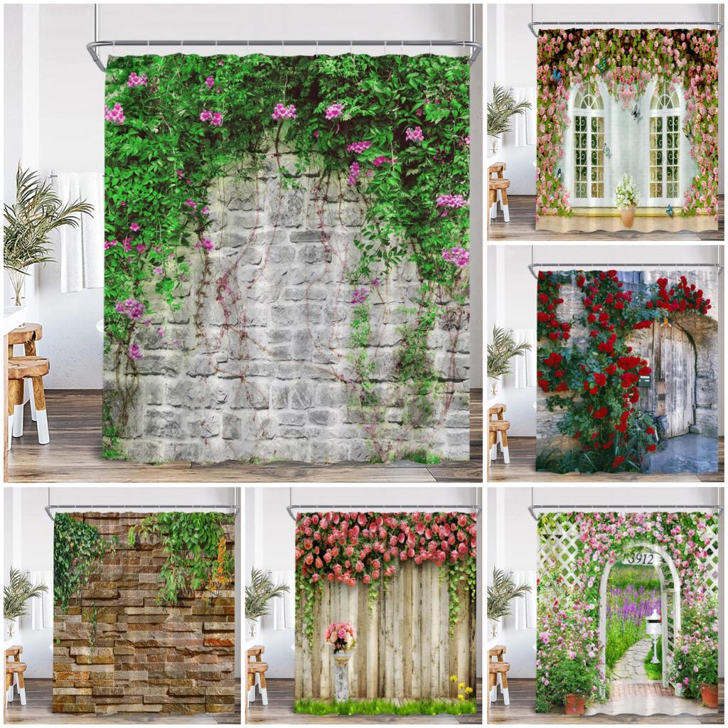 Green Vines Brick Wall Shower Curtain Pink Flowers European Garden Arch Door Bathroom Decorations Vintage Bath Curtain with Hook