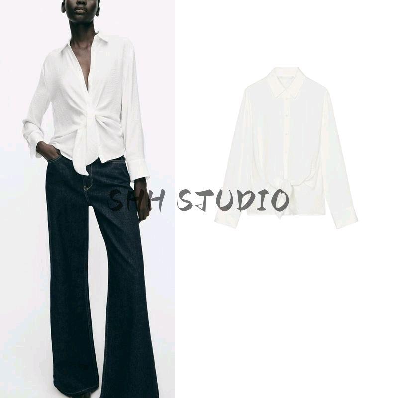 Spring New Women's Clothing Isn Style Bow Tie Drape Loose Long Sleeves Lapel Casual Shirt Tops 2298057
