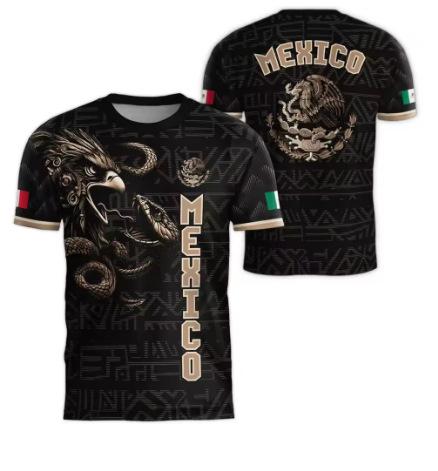 Mexican Flag Print T-shirt Men's Fun 3D Eagle Pattern Short Sleeve T-shirt Outdoor