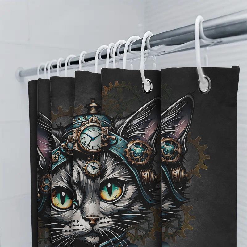 Steampunk-Themed Shower Curtain With Cat Design Featuring Clockwork Accessories Perfect For Adding A Touch Of Whimsy To Your Bat