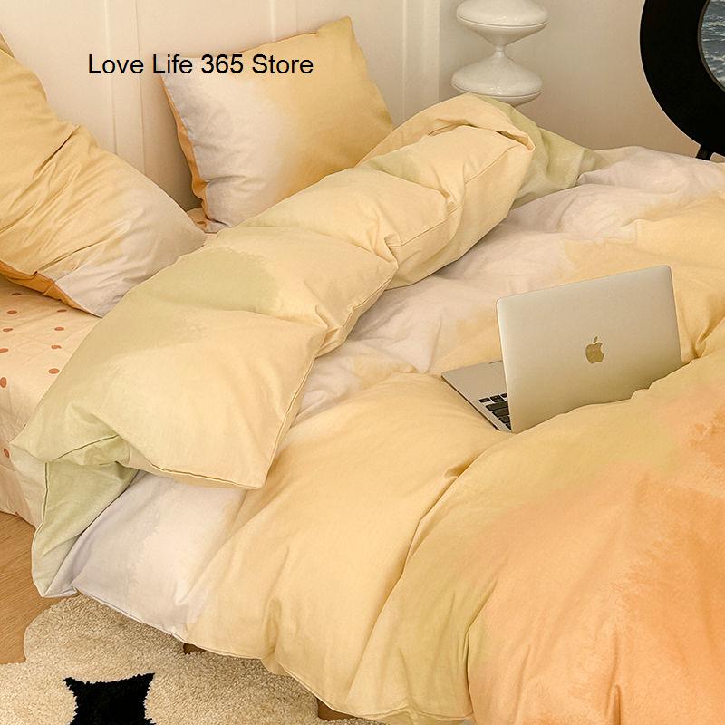 Gradation Pink Color Bedding Set Flat Bed Sheet Duvet Cover Single Double Full Queen King Bedclothes Ins Pure Bedroom Linen