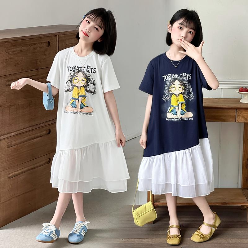 Girls' Summer Dress 2026 New Fashionable Girls' Summer Dress Children's Mesh Splicing T-shirt Skirt