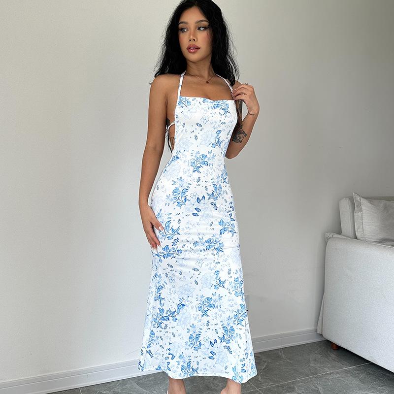 

Женское весеннее сексуальное платье-комбинация с цветочным принтом и разрезом на спине, повседневные платья для женщин L светло-синий