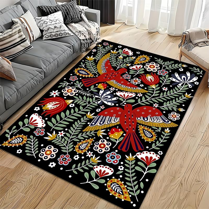 Colorful Bird and Floral Pattern Area Rug with Black Background Suitable for Use As an Anti-slip for Living Room Bedroom Sofas