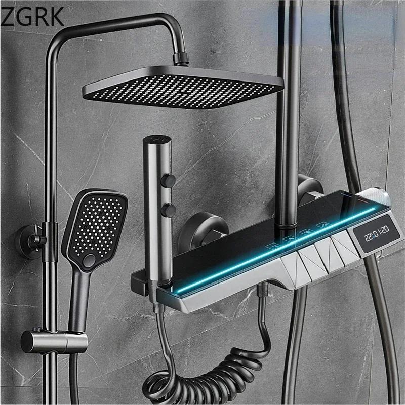 Digital Display Shower System Atmosphere Light Constant Temperature Shower Set Gun Grey High Appearance Glass Table Top Faucet