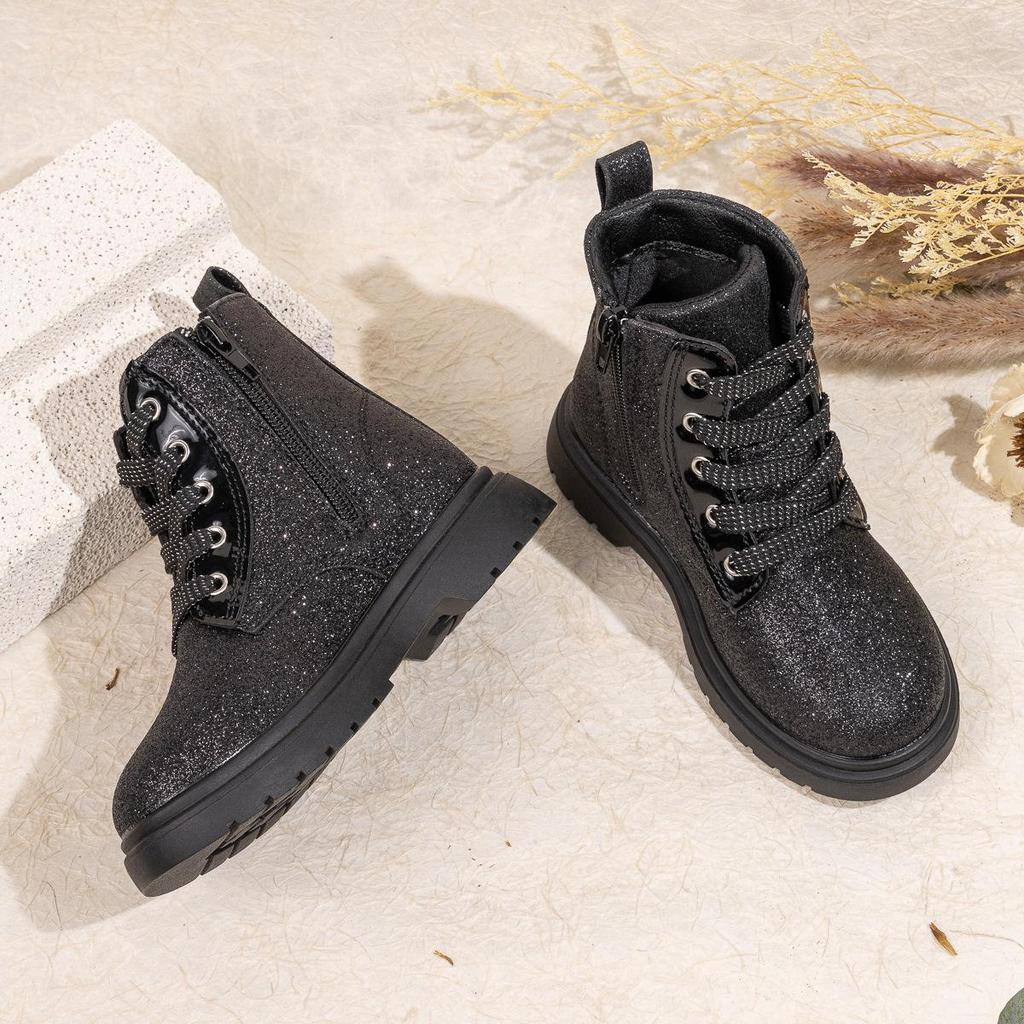Children's Black Winter Mid-Calf Boots with Thick Sole and Side Zipper