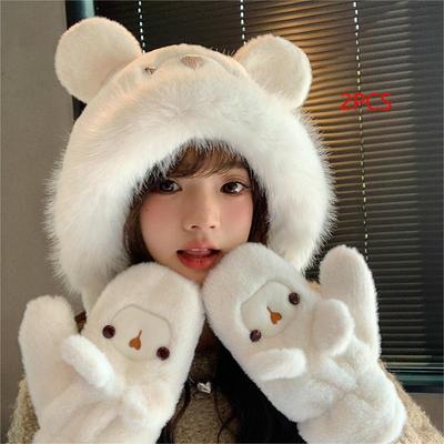 20202PCSNew Female Autumn and Winter Plush Bear One Hat Warm Plush Big Head Around The Head Hat Gloves Two Sets