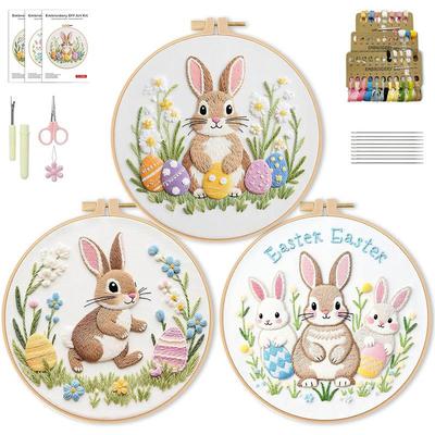 Easter Embroidery Kit for Beginners, DIY Hand Embroidery Set with Bunny Egg Floral Patterns, Including Hoop Thread Needles, Easter Craft Sewing Gift