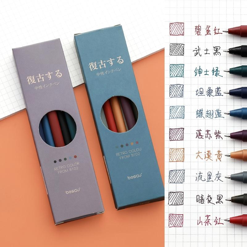 5pcs Retro Color Pen Set Triangular Barrel Vintage Purple Gray Brown Gel Ink Pens for Marker Liner Office School Supplies A6727