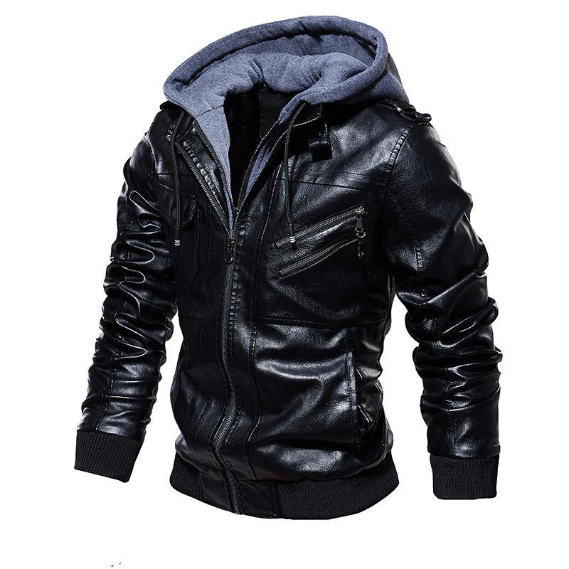 Autumn and Winter Men's Leather Jacket Men's PU Leather Hooded Leather Jacket Two-piece Set