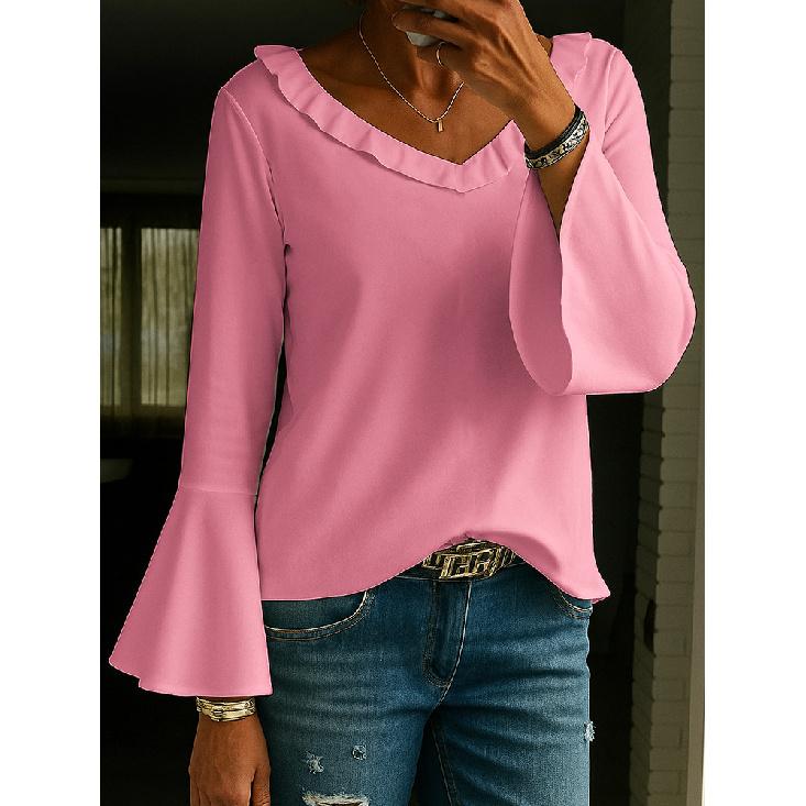 2026 New Women's Casual Long Sleeve V-Neck Bell Sleeve Solid Color Top T-Shirt