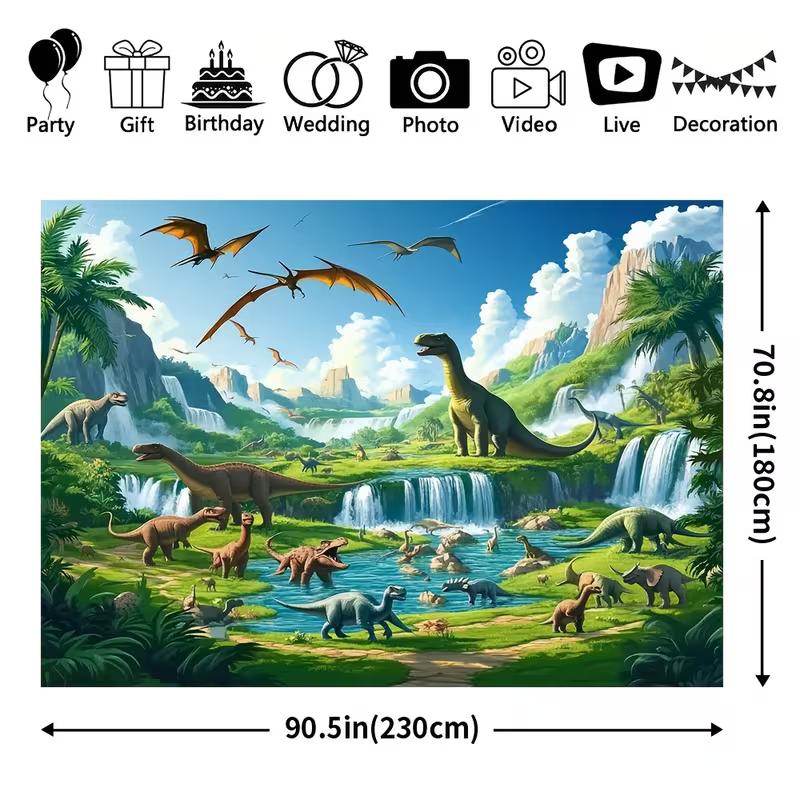 Lebendige Jura-Dinosaurier-Dschungel-Kulisse Wasserfall und Berglandschaft Hintergrundtuch für Partydekoration