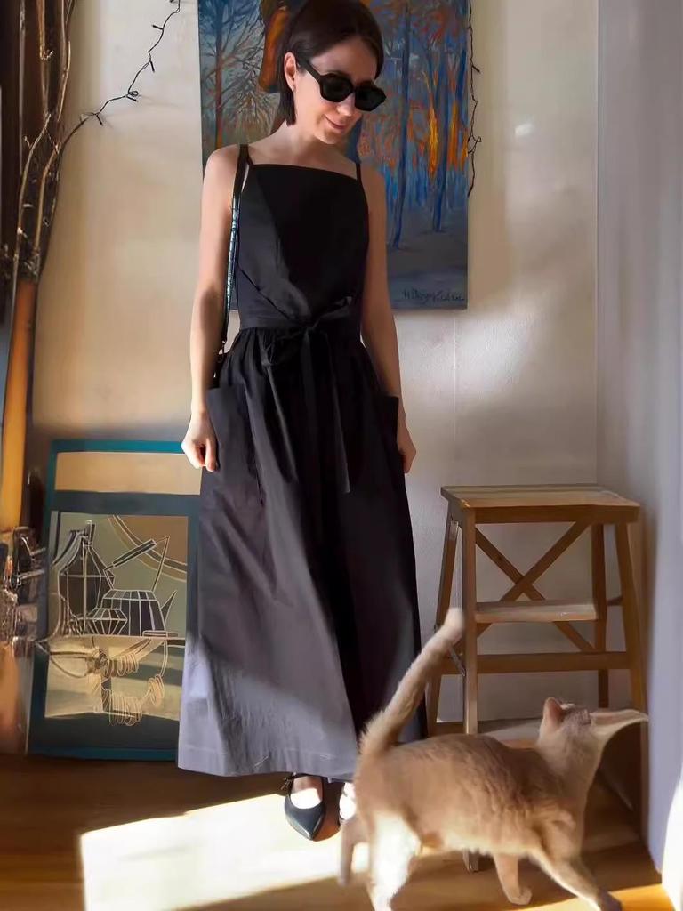 2024 Summer European & American Square Neck Tie Waist Solid Color Pocket Dress