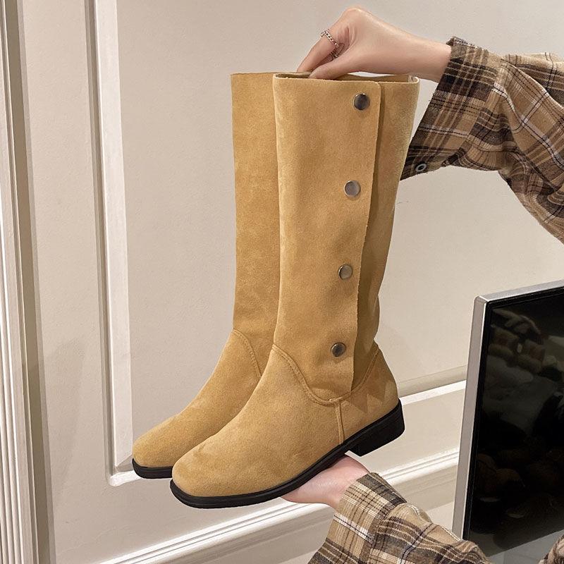 2025 autumn and winter new foot boots non-slip thick heel temperament but knee boots solid color thin boots Martin boots