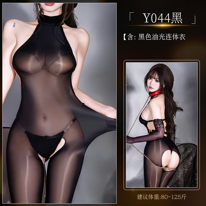 Sex underwear oily and shiny D tight-fitting package feeling silky and ultra-thin horse oil men's and women's neck open crotch stockings onesie