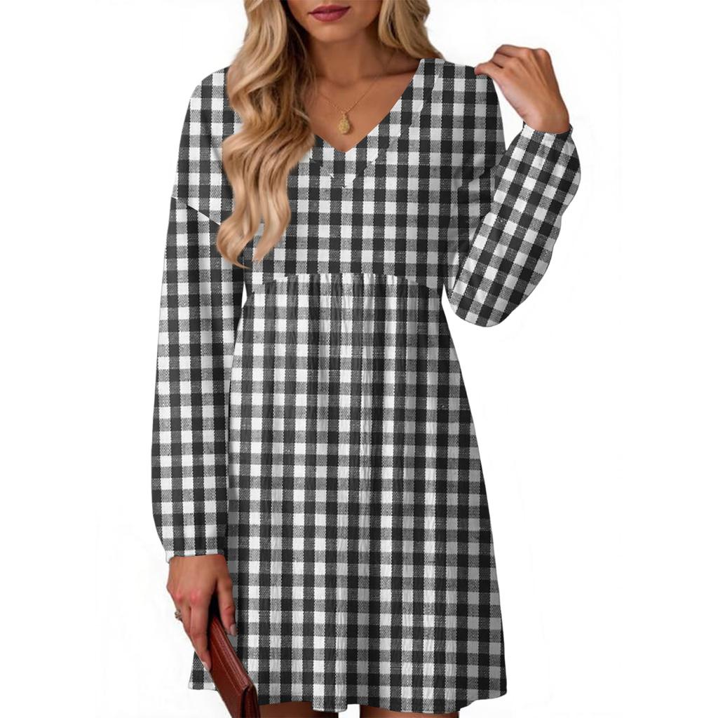 Women's Fashion Plaid Print V-Neck Long Sleeve Dress