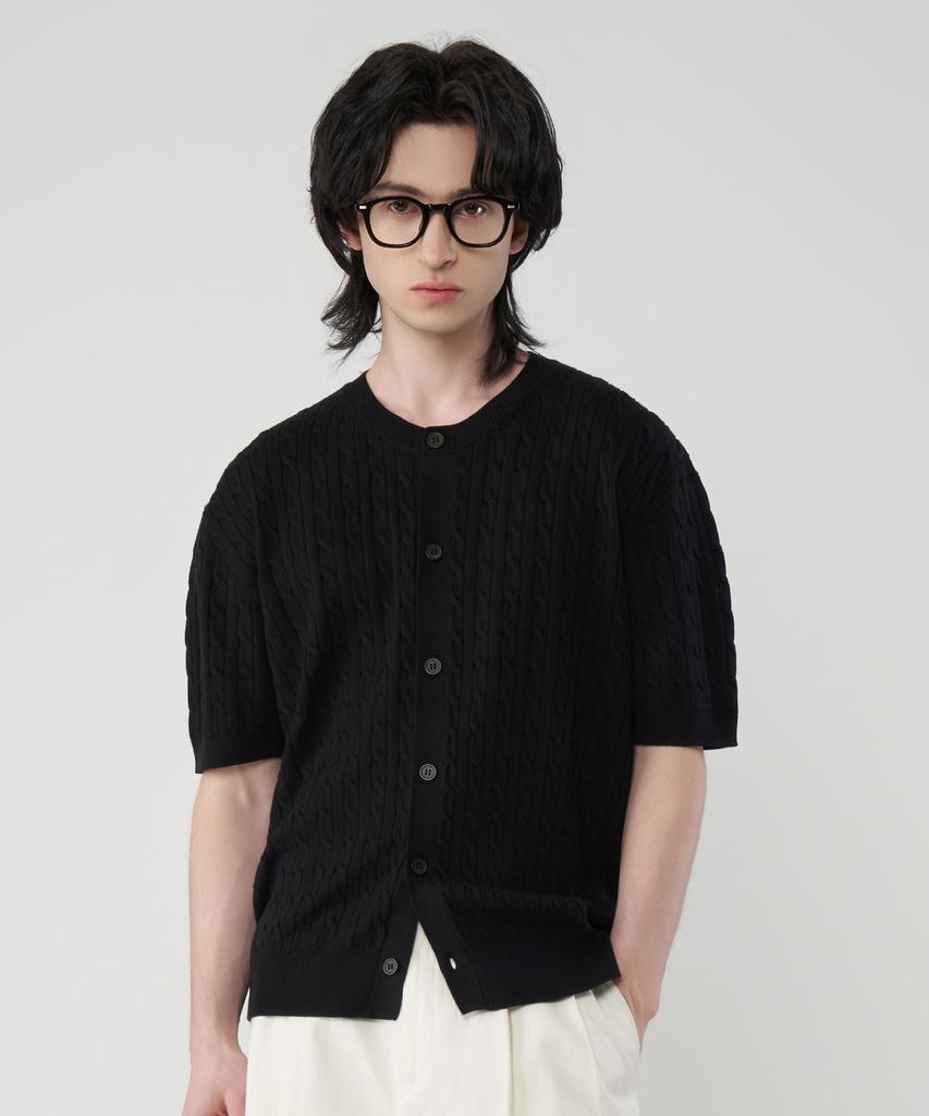 UNTAPPED STUDIO Washable Cool Cotton Cable Short Sleeve Round Button Knit 3 Colors