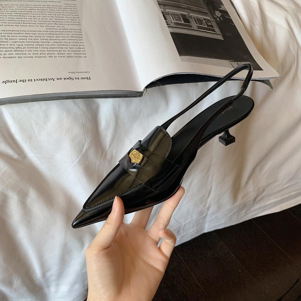 Spot Second Hair! Grape Mother Same Shoes Miu Home British Style Leather Color Matching Pointed Rear Empty High-heeled Sandals Women