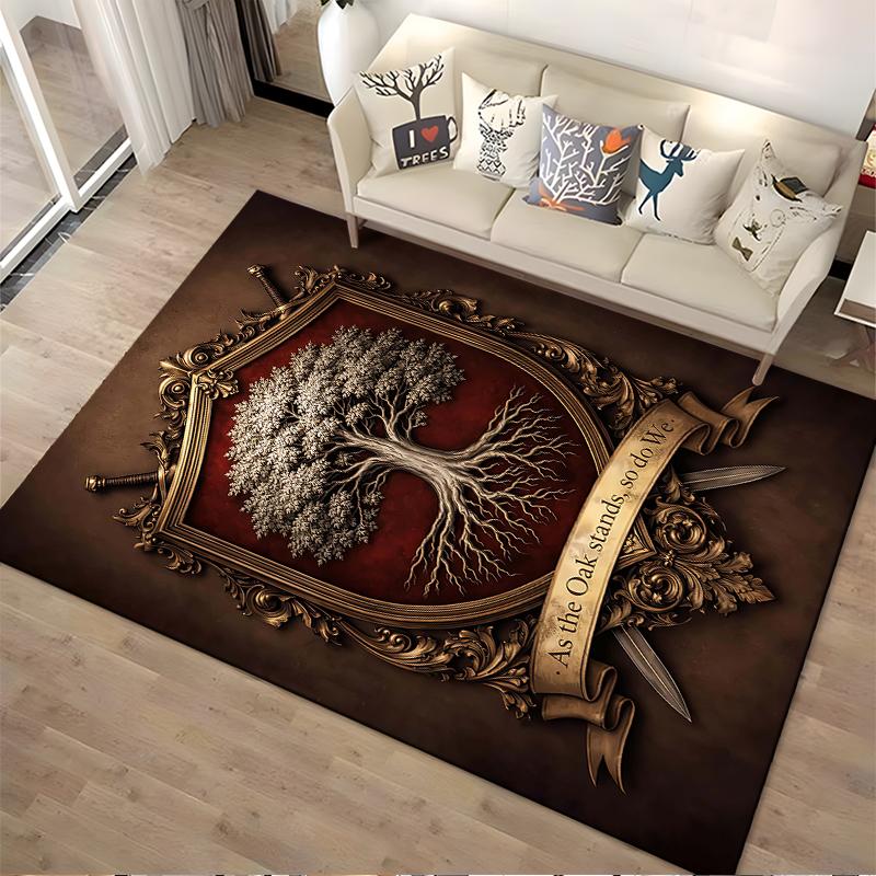 "Tree of Life Crest Print Carpet with Banner 'As the Oak Stands'" Suitable for use as an anti-slip for living room bedroom sofas