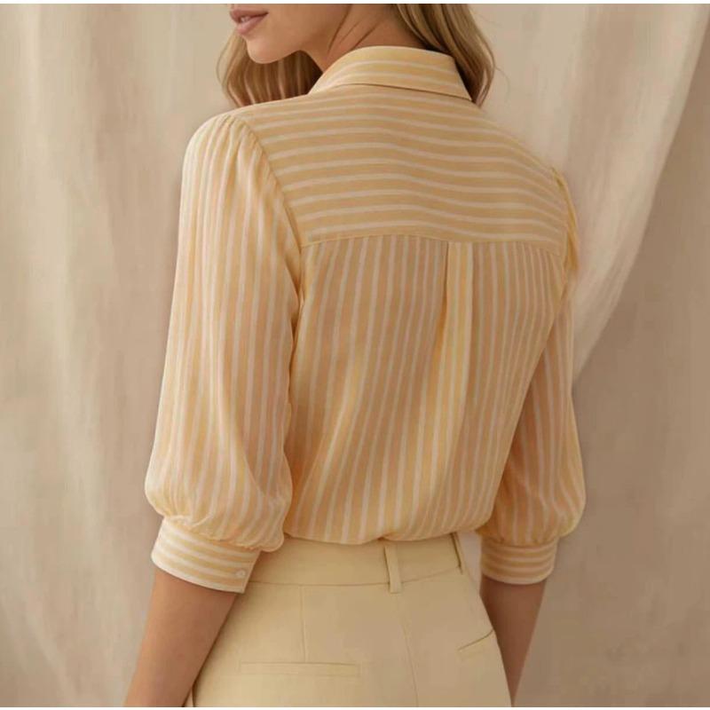Striped Puffed Three Quarter Sleeve Lapel Commuter Shirt For Women