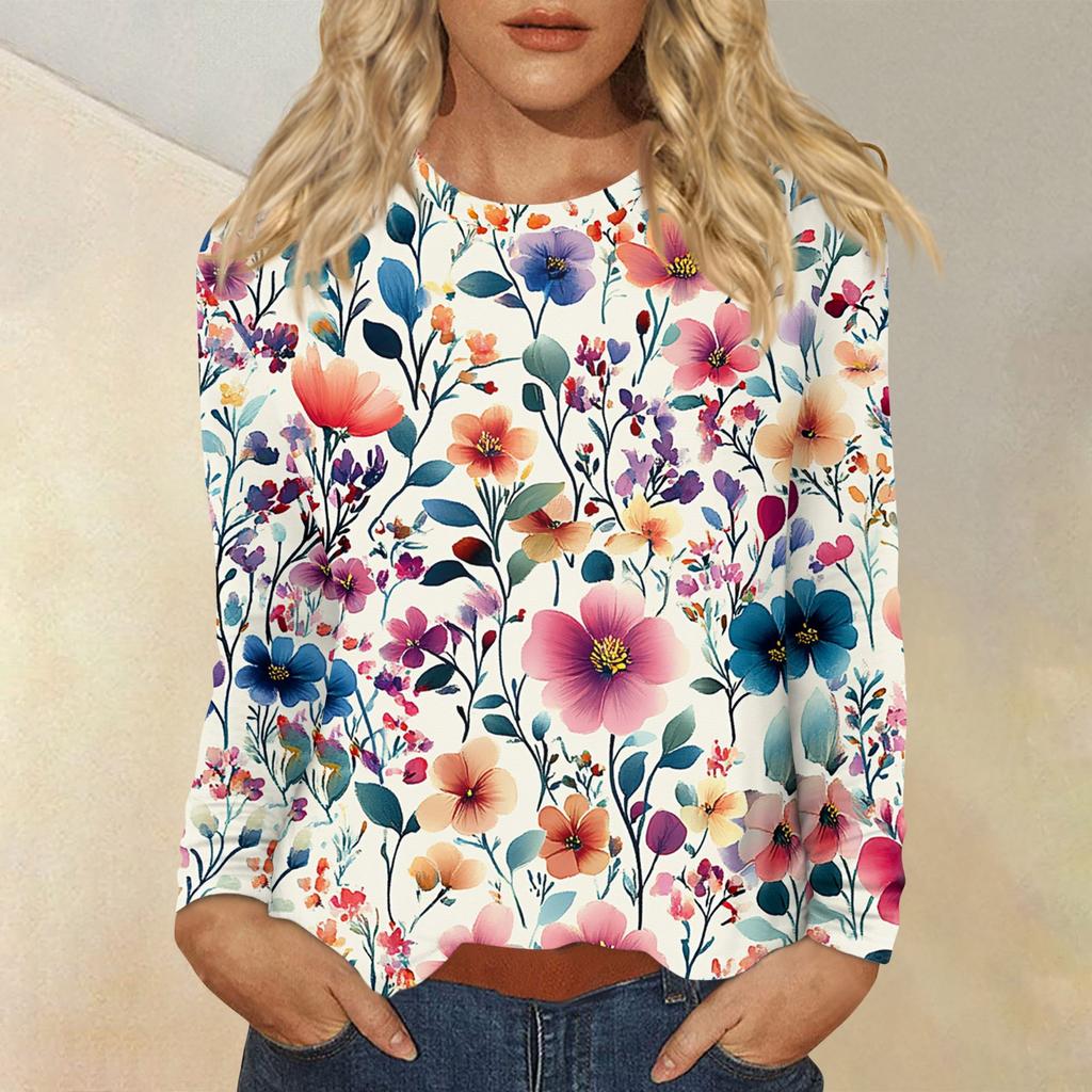 Women's Fashion Casual Round Neck Long Sleeve Printed T-shirt Top