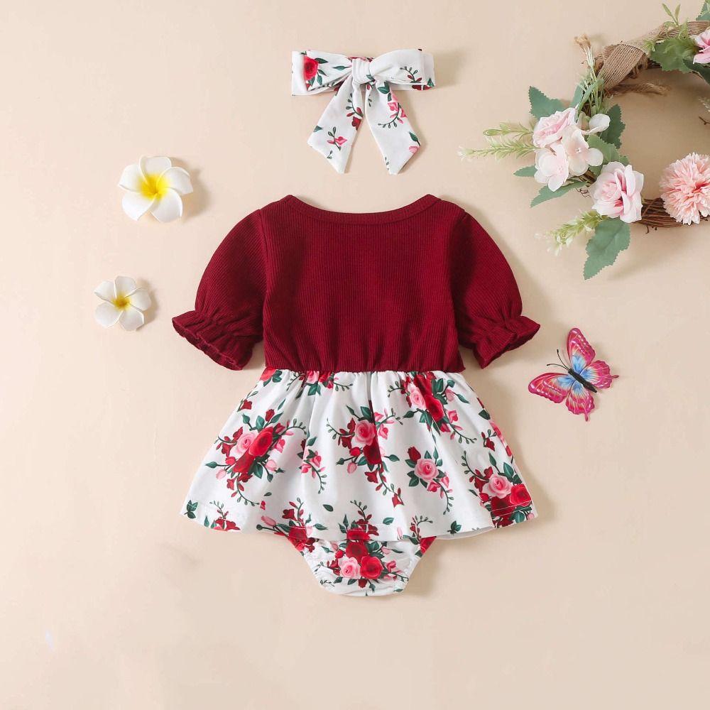 Flower Summer Baby Bodysuit Bowknot False 2Piece Jumpsuit Dress Soft Toddle Princess Dress Holiday