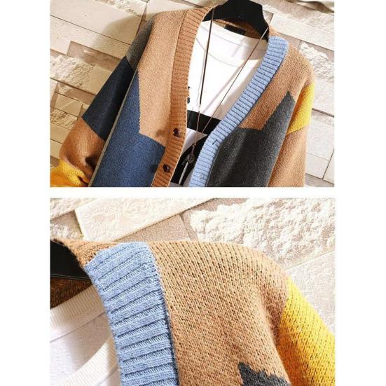 Men Fall Winter Sweater Coat Cardigan Knitted Thick Colorblock Long Sleeve Single-breasted