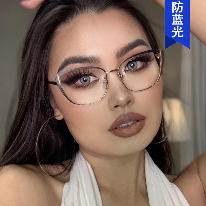 European and American ins cat eye metal glasses frame new anti-blue flat mirror paint glasses frame personality