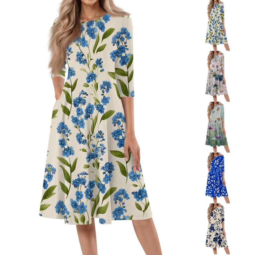 Women’s Casual Floral Print Crew Neck Three Quarter Sleeve Midi Dress Loose Fit Soft Fabric Mid Length Design