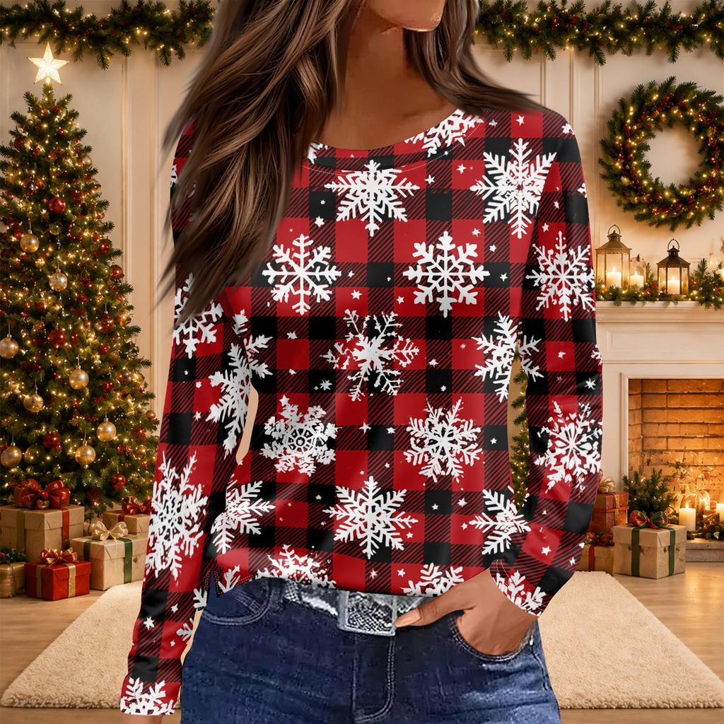 Women's Christmas Print Long Sleeve Top with Round Neck and Side Slit