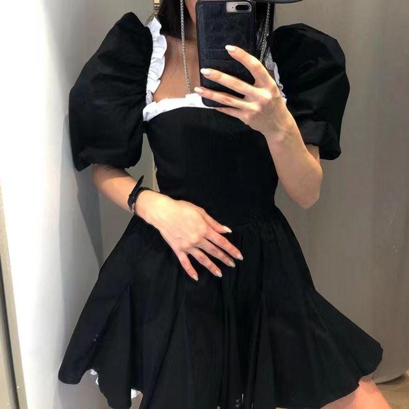

Fashion Black and White Contrast Color Square Collar Puff Sleeve Backless Dress Square Neck Open Back Dress Black S