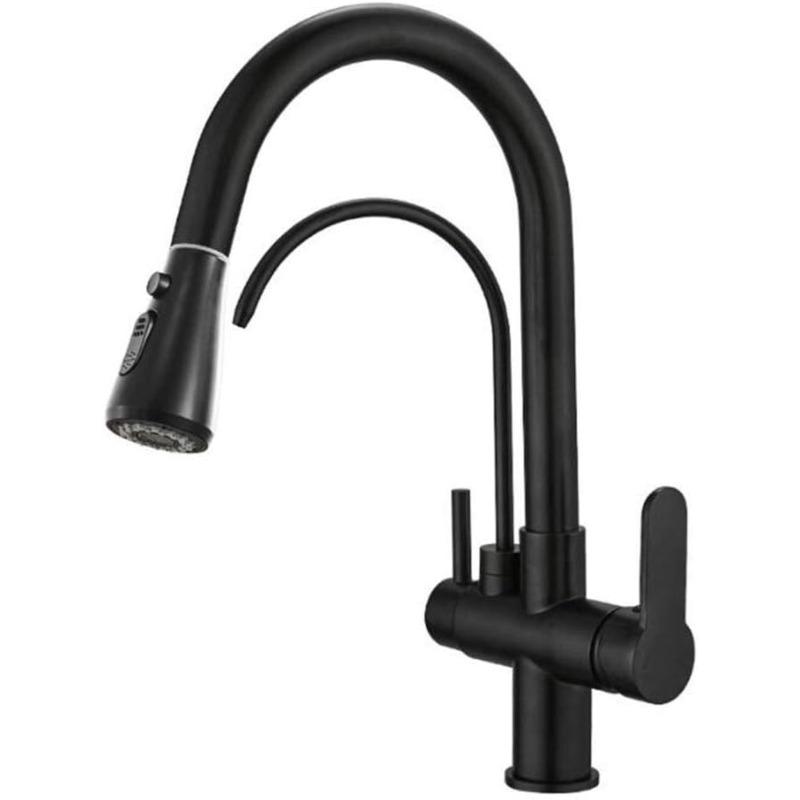 3-Way Faucet with Pull-Out Sprayer & Filtered Water Outlet, Stainless Steel Dual-Handle Kitchen Faucet, 360° Swivel – Drinking Water