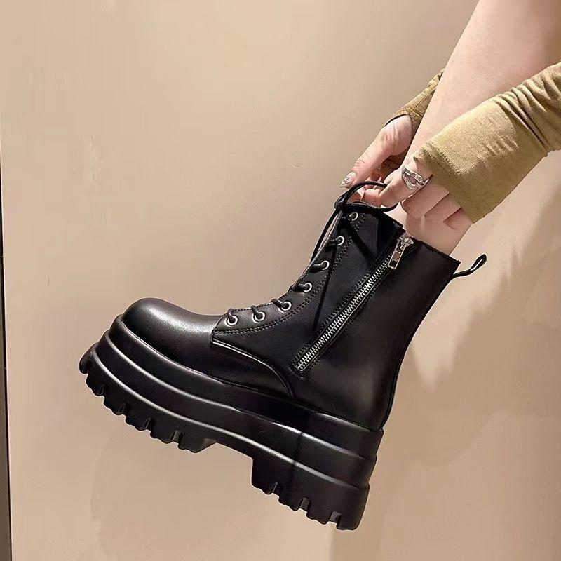 Increase the Height and Show the Legs, Thin Platform Shoes 2025 Autumn British Style Thick-soled Lace-up New Short Boots, Soft Leather Short F