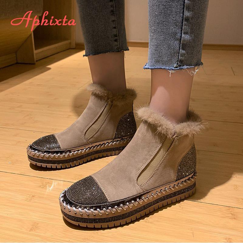 Fashion Aphixta Real Hair Warm Winter Crystals Shoes Woman Elastic Band Couple Chunky Sole Platform Big Size 44 Waterproof Ankle Boots