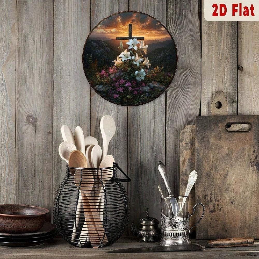 Peaceful Cross with Lilies Sunset Valley 2D Flat Metal Wall Art Outdoor Religious Memorial Plaque