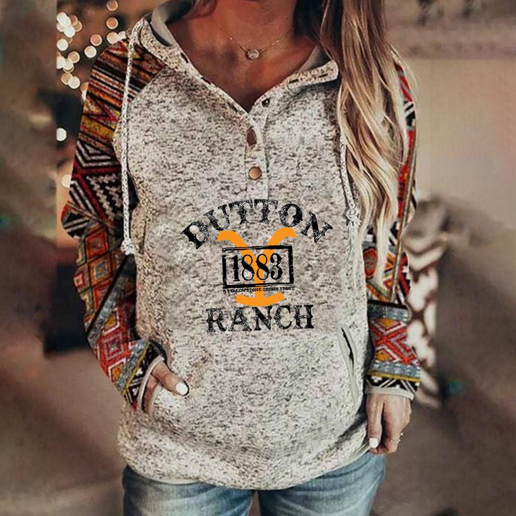 Buy Women's YellowStone 1883 Printed Stand Up Collar Long Sleeve Hooded