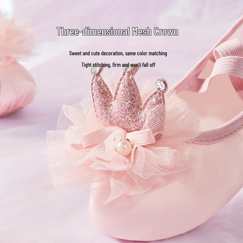 Girls' Ballet Dance Shoes, 3D Mesh Crown Cat Paw, Satin Spring/Summer Practice Footwear
